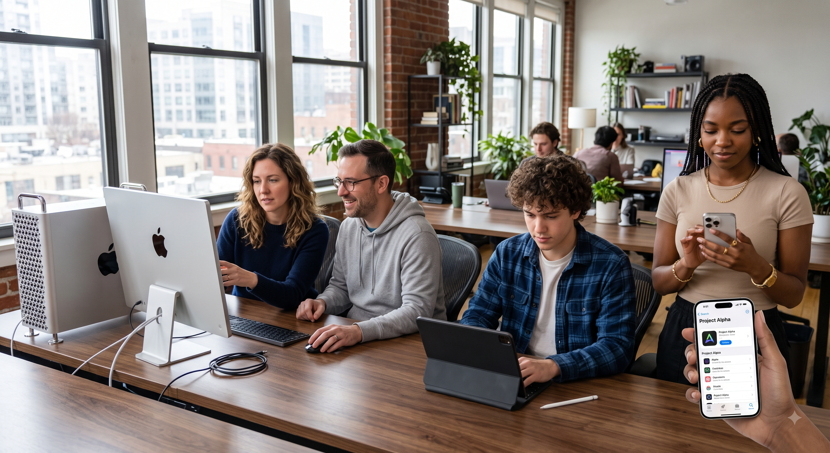 Une équipe travaille en entreprise avec des Mac, un iPad et un iPhone