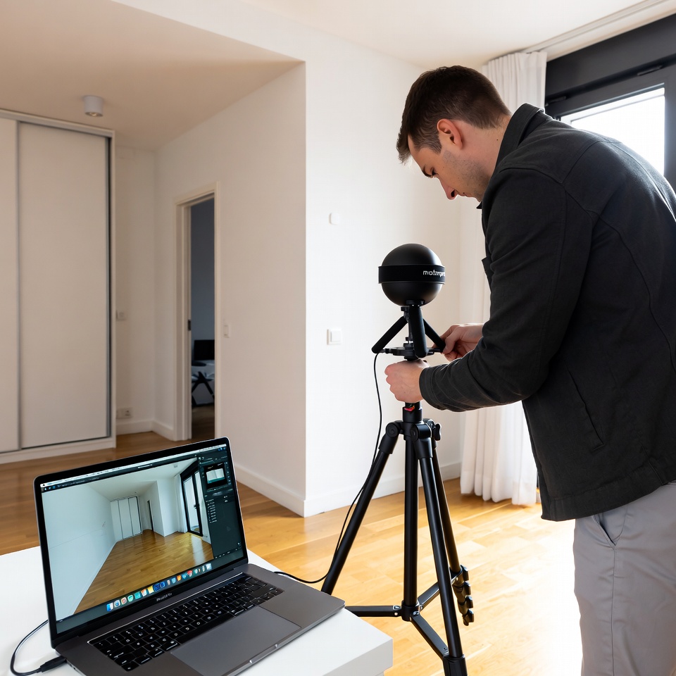 Agent immobilier réalisant une visite virtuelle 3D d’un appartement avec caméra Matterport sur trépied