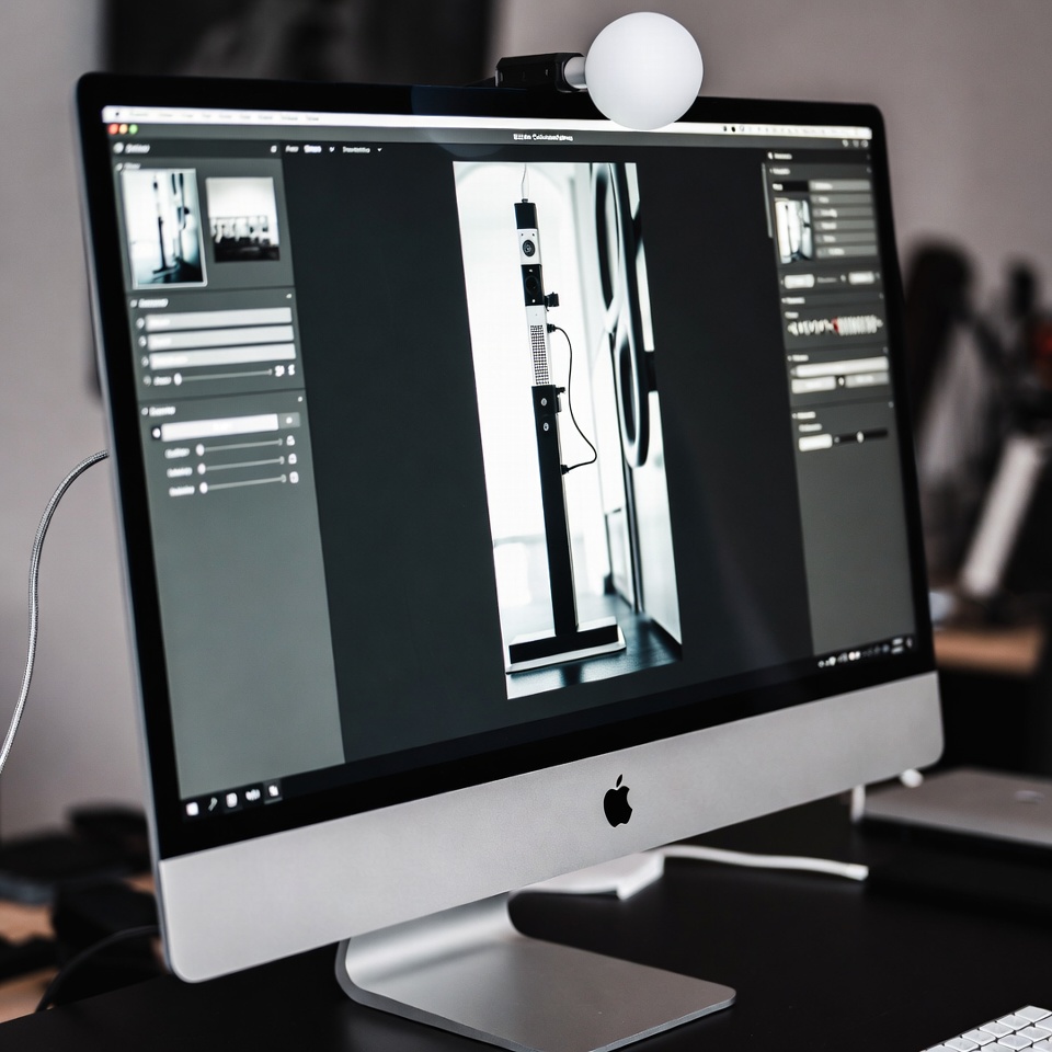 Écran calibré Eizo ColorEdge affichant une retouche photo dans un studio professionnel