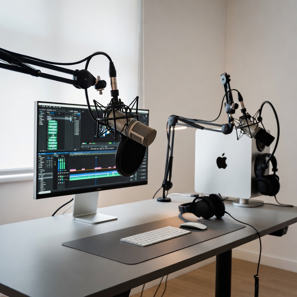 Studio de podcast professionnel avec micros Shure SM7B, interface RME, ordinateur de montage et caméras