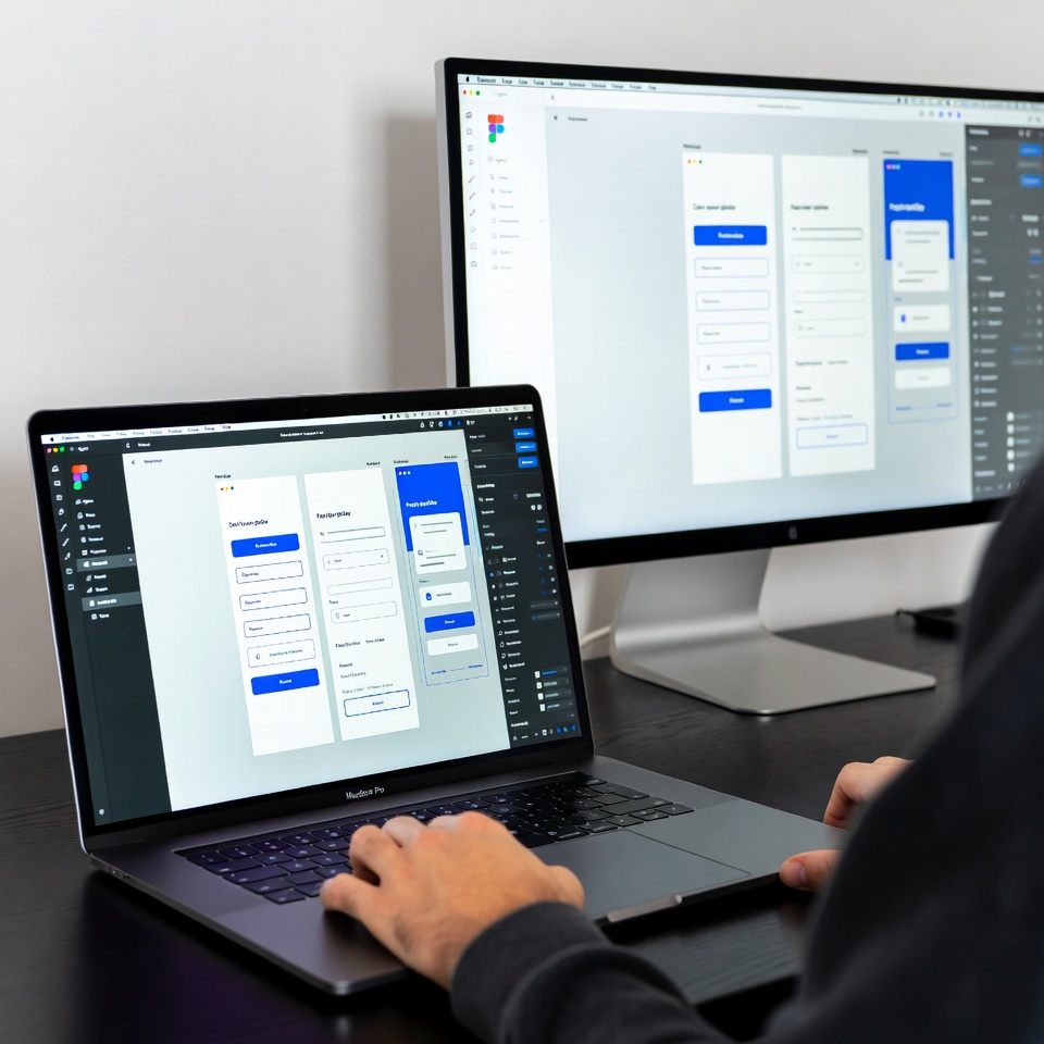 Designer UI travaillant des maquettes d’interface sur MacBook Pro et écran externe 27 pouces