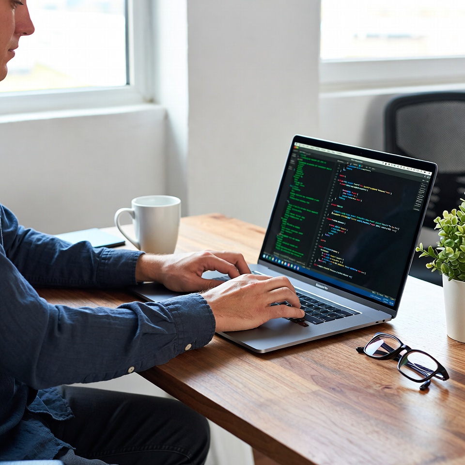 Développeur travaillant sur MacBook Pro avec terminal et éditeur de code