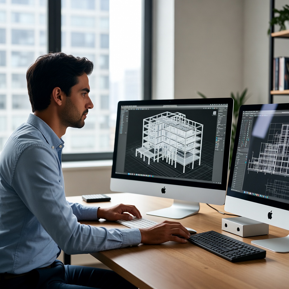 Architecte modélisant un projet sur Revit dans un cabinet d'architecture équipé de stations et de doubles écrans