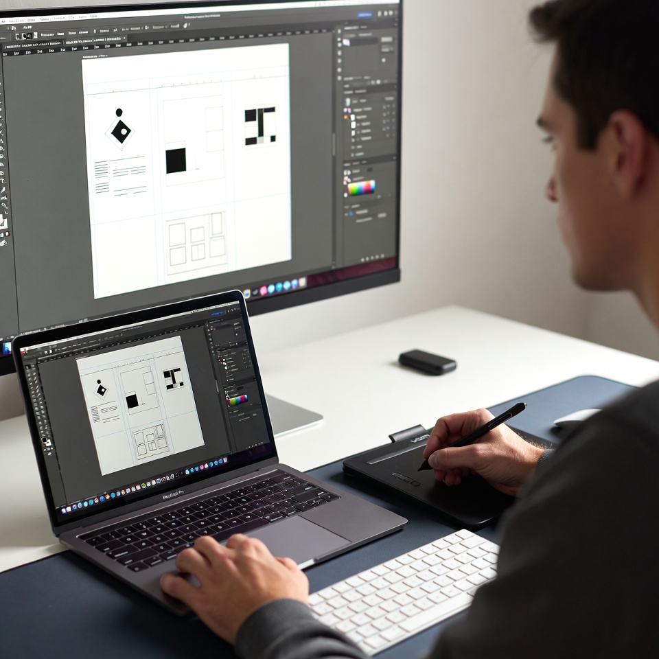 Graphiste travaillant une identité visuelle sur Illustrator et Photoshop sur MacBook Pro avec tablette Wacom