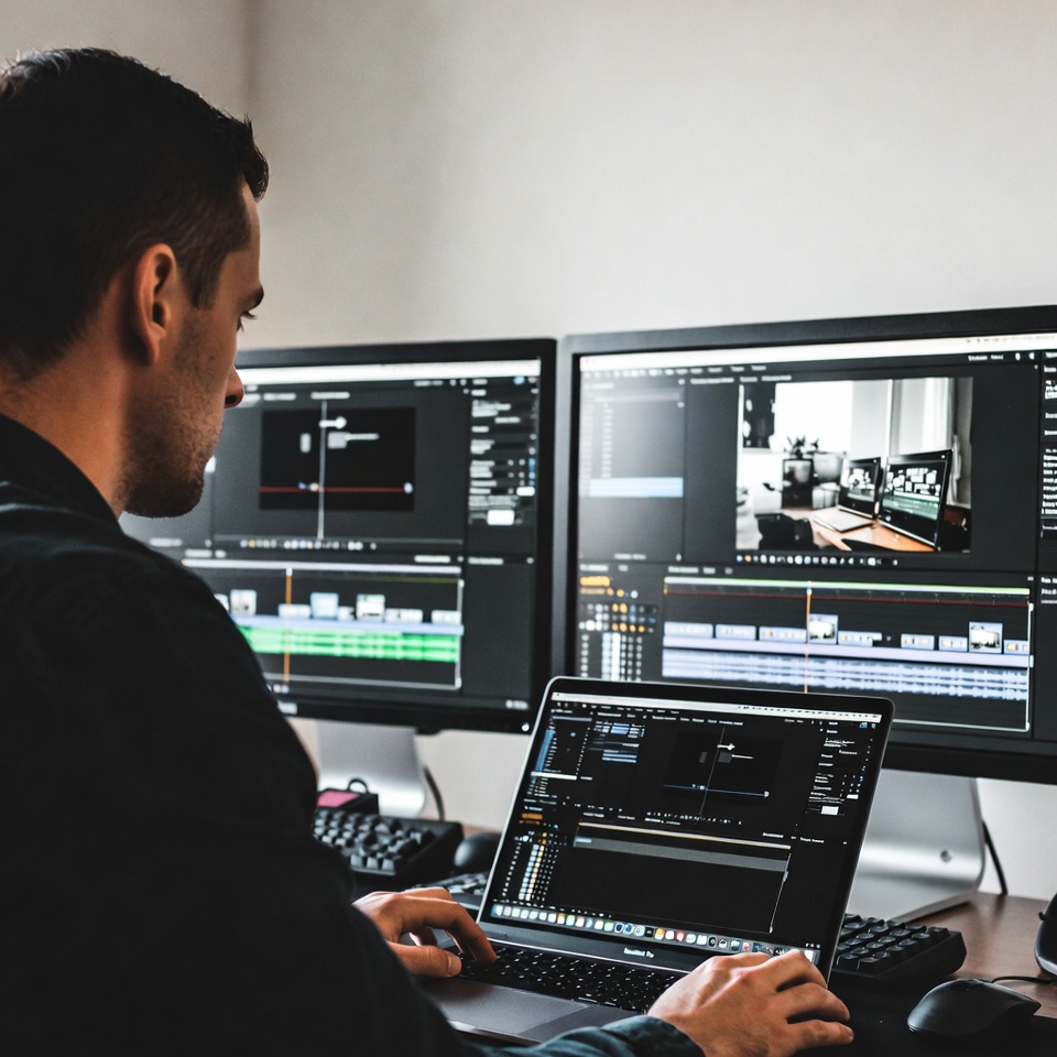 Motion designer travaillant une animation dans After Effects sur station à double écran
