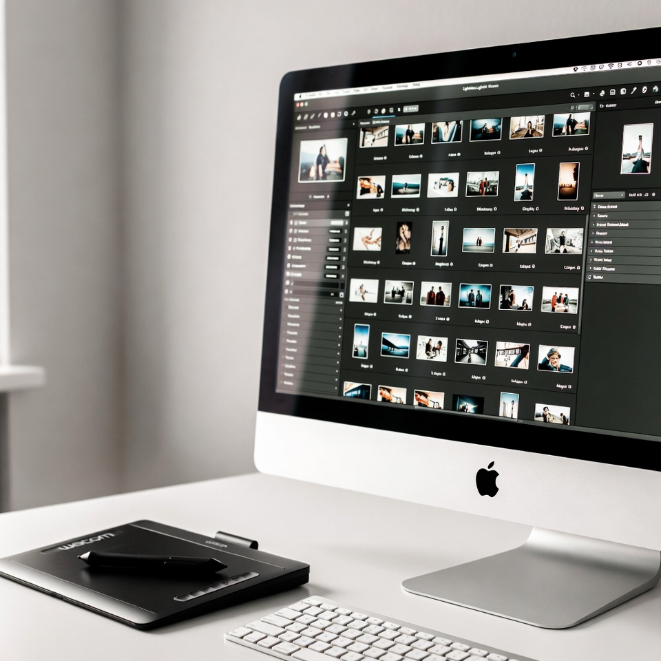 Photographe retouchant des images RAW sur un iMac dans un studio photo professionnel