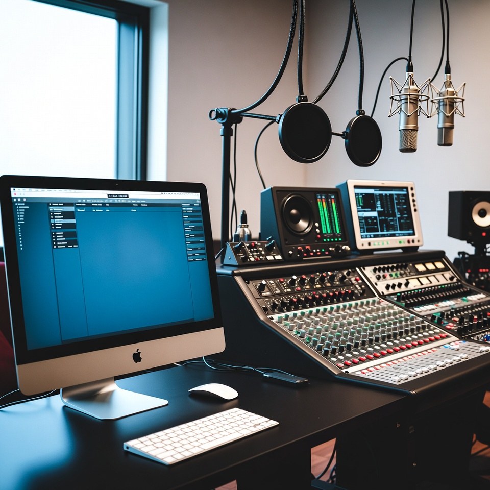 Régie de studio d’enregistrement avec Mac Studio, console analogique et écrans de monitoring
