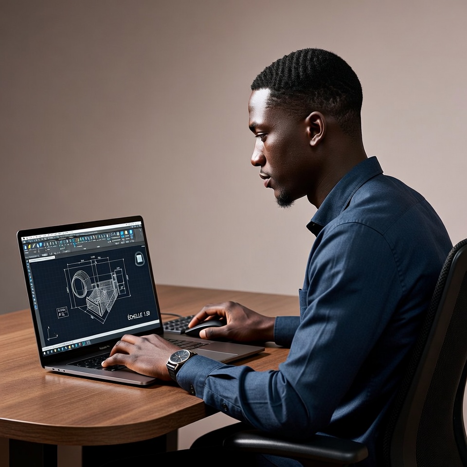Dessinateur-projeteur travaillant un plan technique sous AutoCAD sur station PC à double écran