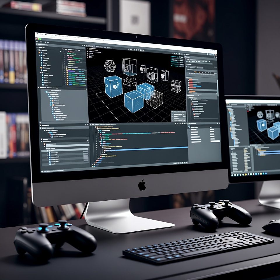 Développeur de jeux vidéo travaillant sur Unreal Engine avec station double écran et manettes de test