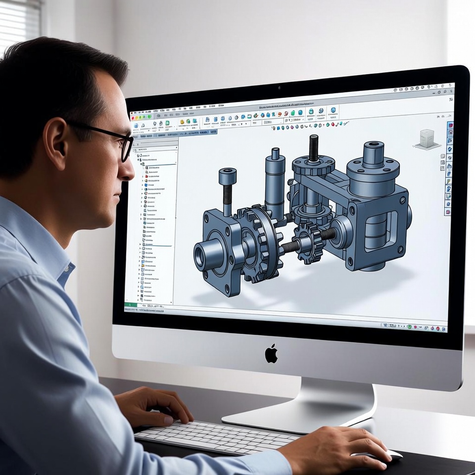 Ingénieur concevant un assemblage mécanique sous SolidWorks sur station CAO