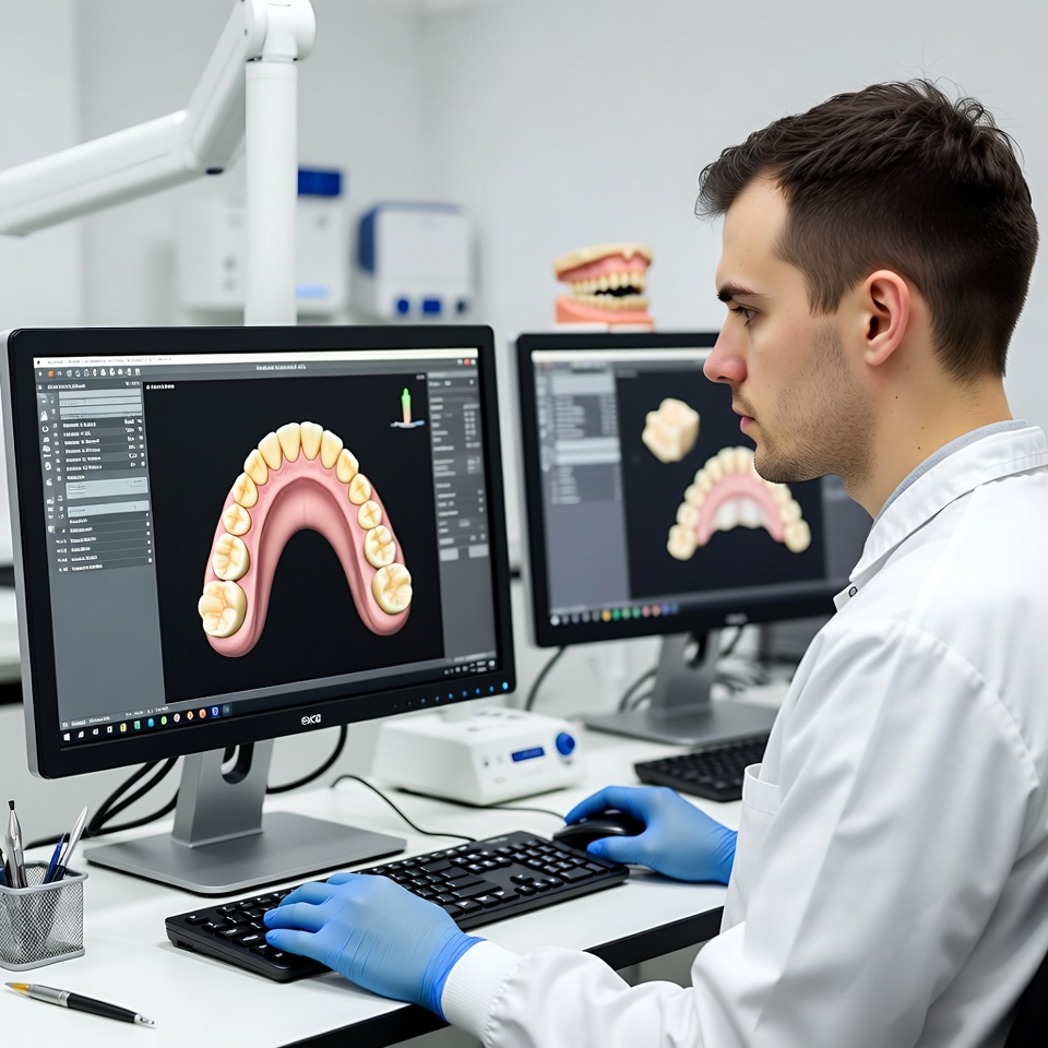 Prothésiste concevant une couronne sur station CFAO en laboratoire dentaire, avec double écran