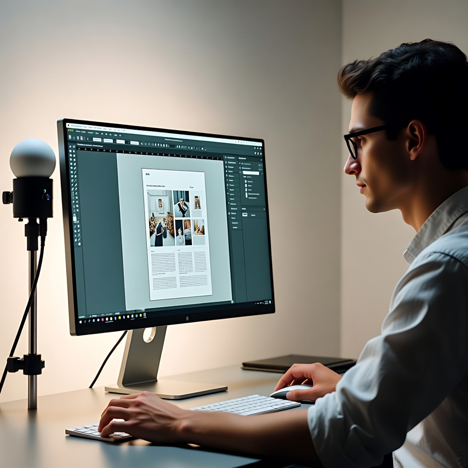 Maquettiste travaillant une mise en page InDesign sur poste PAO avec écran calibré et sonde de calibration