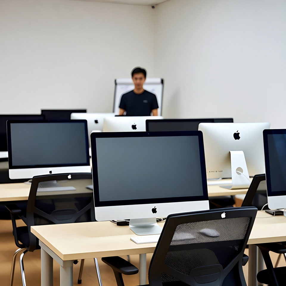 Salle de formation équipée de rangées d’iMac identiques