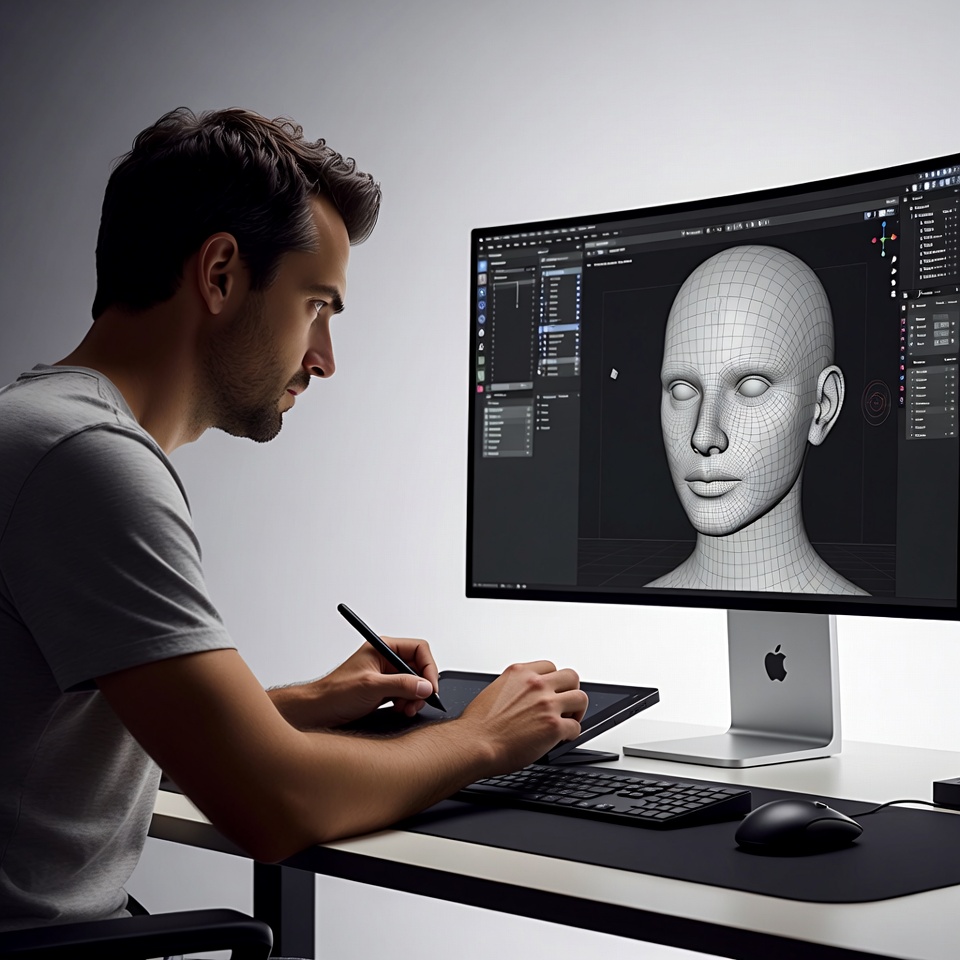 Artiste 3D sculptant un modèle dans Blender sur station professionnelle à double écran