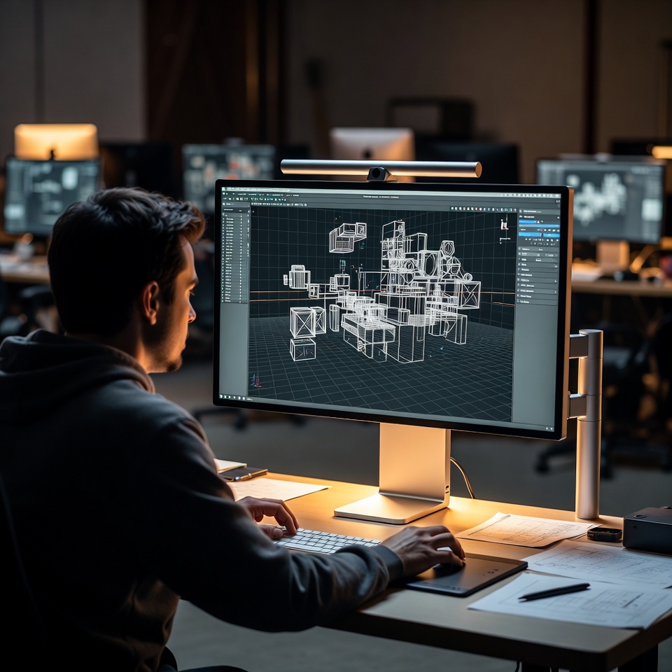 Animateur 3D travaillant une scène Maya dans un studio d’animation professionnel