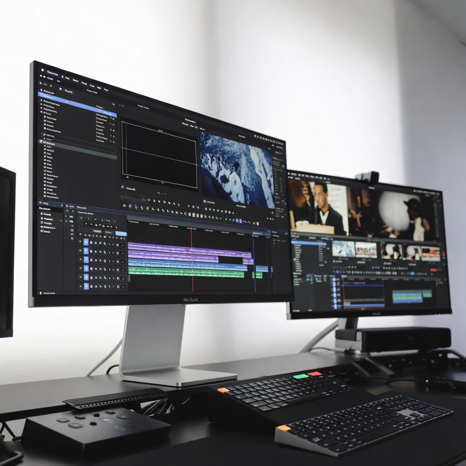 Salle de montage vidéo professionnelle avec station Mac Studio, écrans de référence et surface de contrôle
