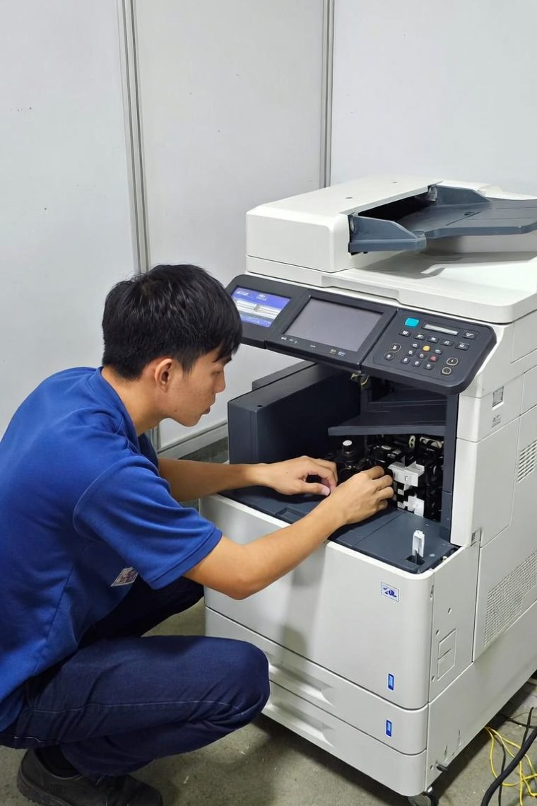 Technicien Connexx réparant un photocopieur multifonction ouvert