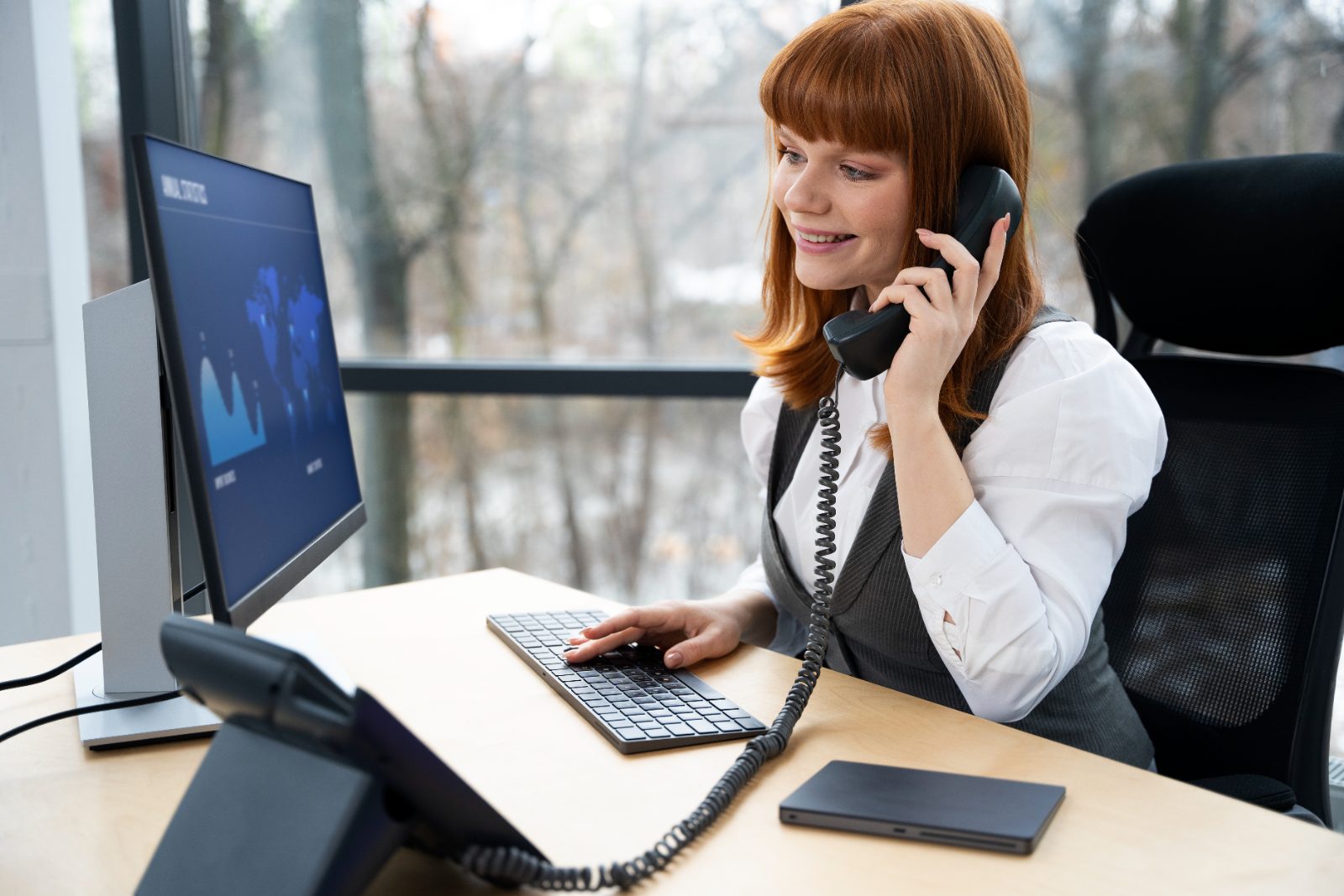 Assistante d’accueil répondant au téléphone à son poste de travail