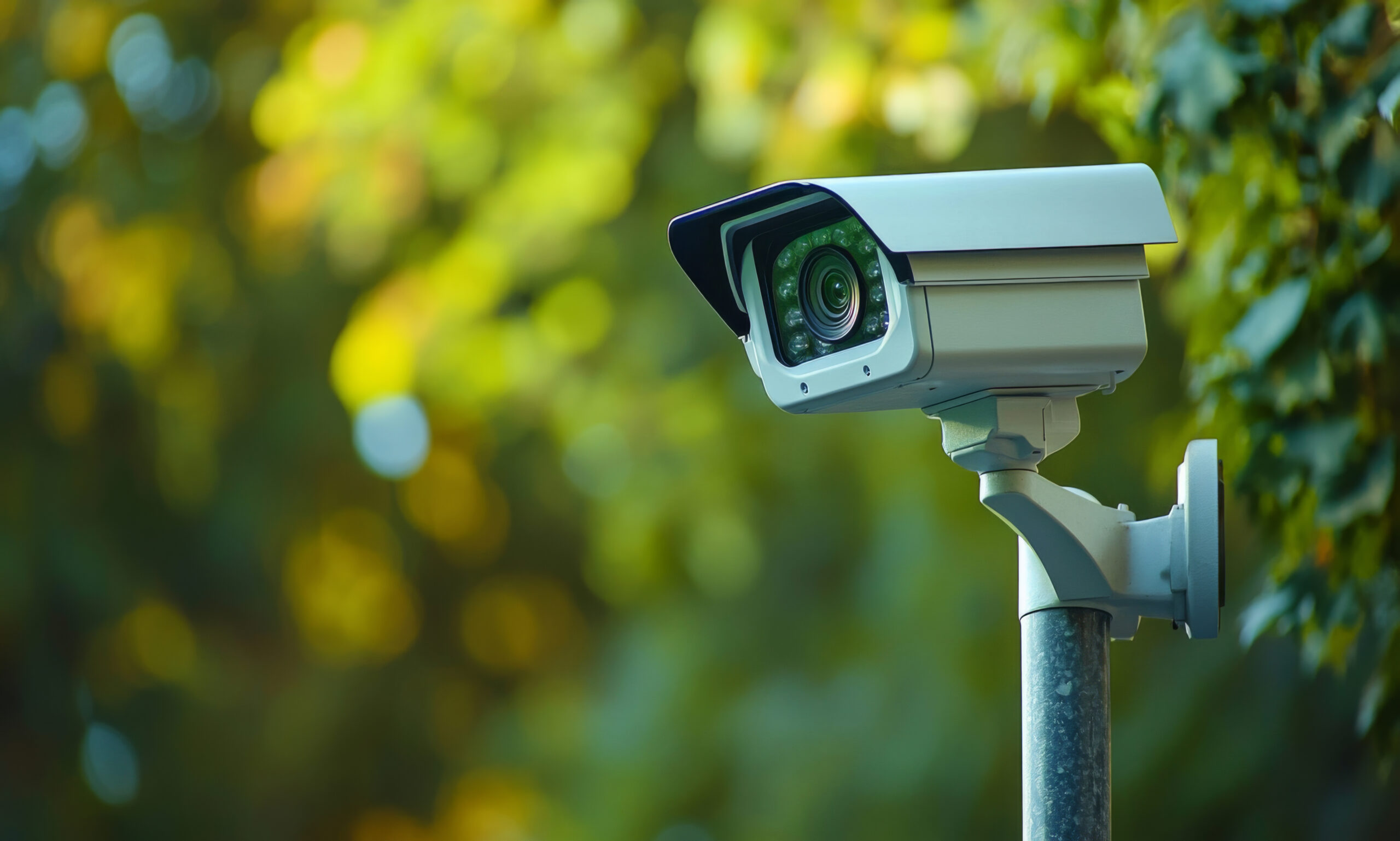 Caméra de vidéosurveillance extérieure fixée sur un poteau